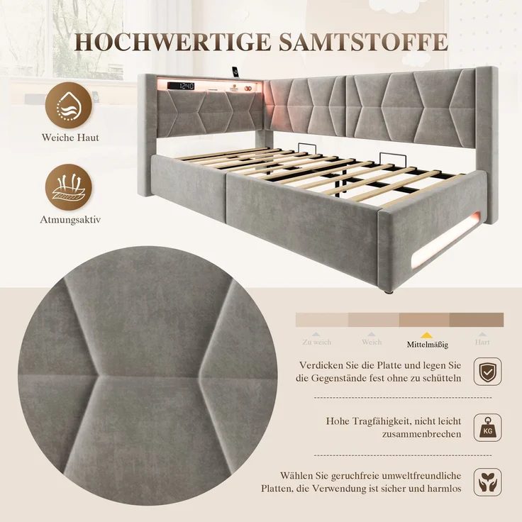 LVHOM Einzelbett 90x200 cm mit Stauraum, Polsterbett mit LED, USB und Type-C, Jugendbett, Hydraulischem Bettgestell, Samt, Grau – Bild 6