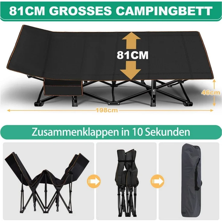 Meulbaty Klappbett Camping Bett, Gästebett mit Matratze, 280KG Belastbar im leichten und tragbaren Faltdesign, 198cmx81cmx46 cm – Bild 4