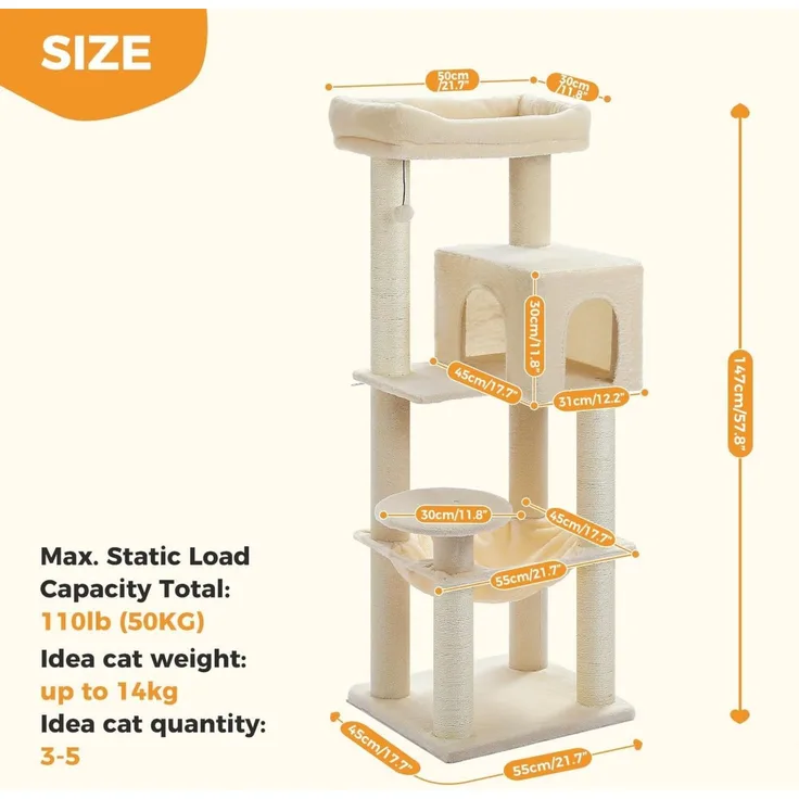 Purpurra Kratzbaum Extradick 8 cm Stamm, robuster Katzenturm, 147 cm, 55L x 45B x 147H cm