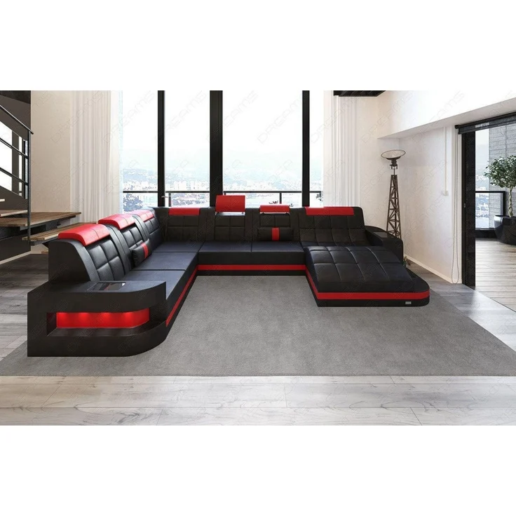 Sofa Dreams - Design Wohnlandschaft Wave XL mit LED - Büffelleder - schwarz-rot - Rechts – Bild 4