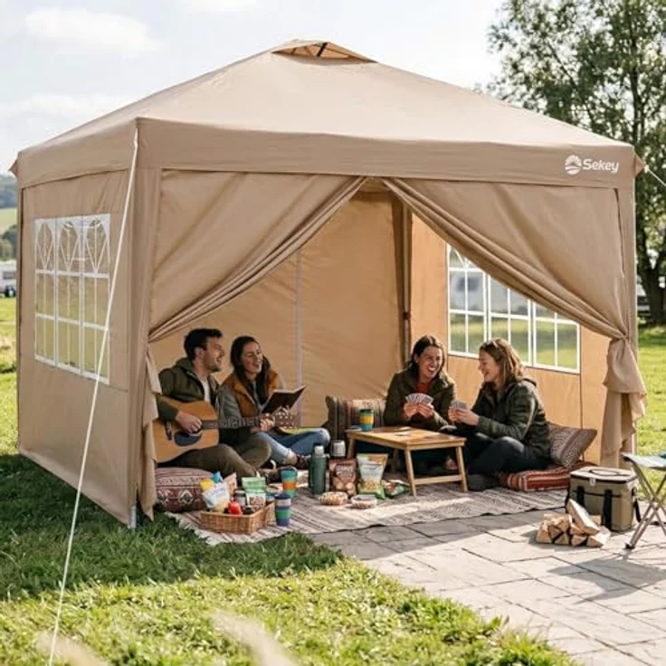 Sekey Pop Up Pavillon Wasserdicht Stabil Winterfest mit Seitenwänden, Faltpavillon 3 x 3 m, Camping Pavillion Faltbar Partyzelt mit Belüftung, Designer Serie 3x3, (Beige, 3x3 Mit Seitenwänden) – Bild 9