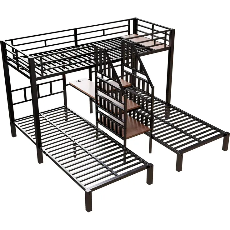 Etagenbett mit 3 Liegeflächen, Lattenrost, Rausfallschutz, Nachttisch, Treppe, Steckdose, USB, LED, 90x200cm, Kinderbett, Metallbett – Bild 9