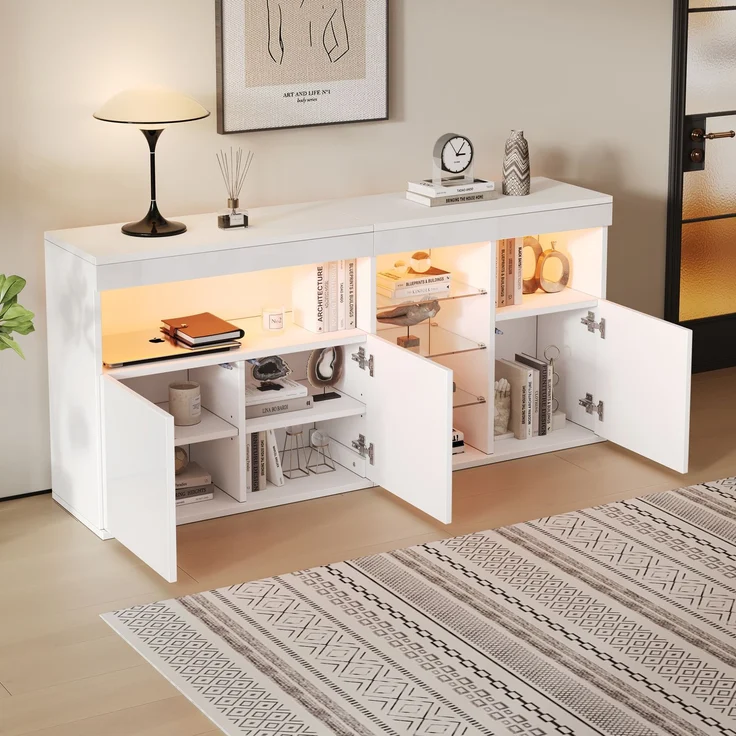 DESVIAE Sideboard mit LED-Beleuchtung und 3 Türen 155,5x72x35 cm Spanplatte Weiß – Bild 1