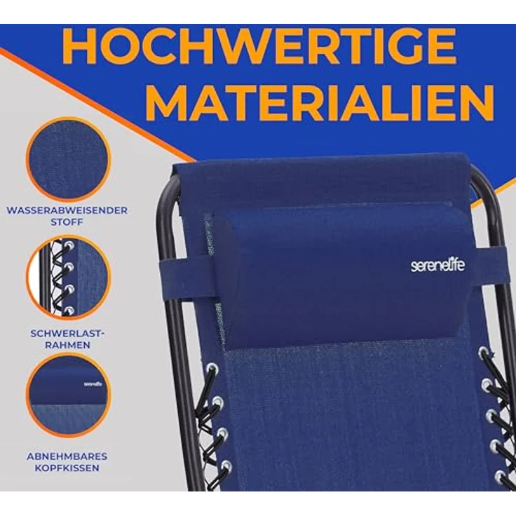SereneLife Gartenliege Wetterfest, Sonnenliege Klappbar & Verstellbar als Liege, Sonnenstuhl als Gartenbett, Deckchair 2er Set Dunkelblau, Klappliegestuhl mit Seitentisch, Kopfkissen & Getränkehalter – Bild 8