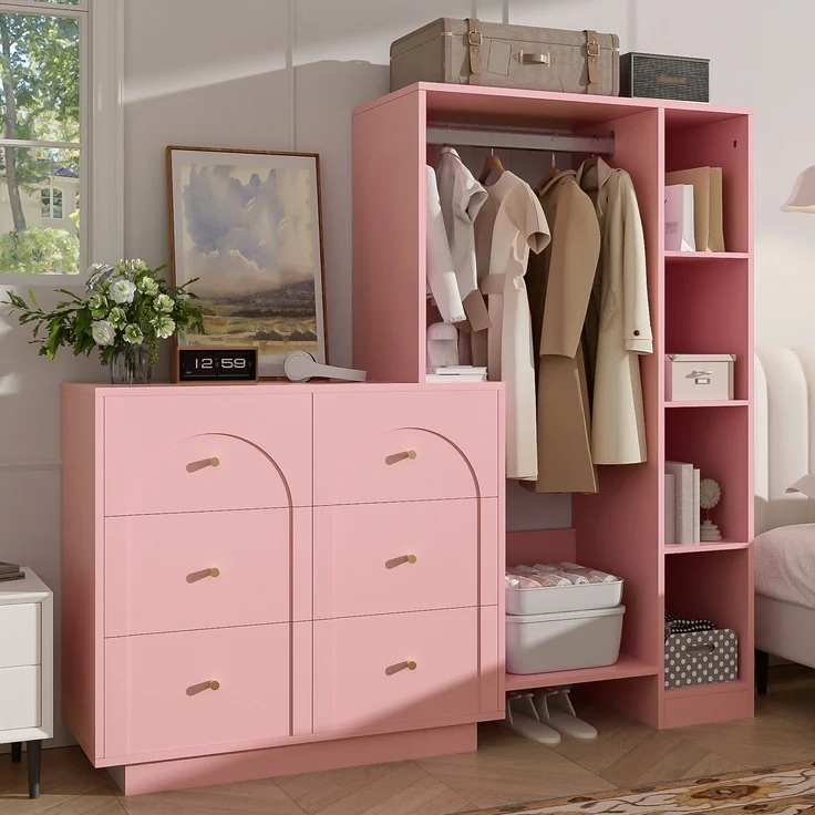 Wohnora-Moderner Mehrzweck-Kleiderschrank, offene Garderobe mit Kleiderstange, 6 Schubladen und Seitenregalen, Schlafzimmer-Aufbewahrungsschrank, Rosa, 139 × 35 × 133 cm,H 133cm x T 139cm x B 35cm – Bild 4