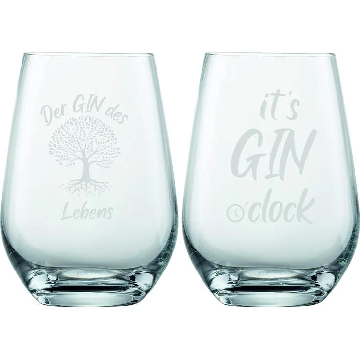 EKM Living Schott Zwiesel 2er Set Ginglas 548ml mit Gravur Gin des Lebens & Gin o' Clock – lustige Geschenkidee für Ginliebhaber, Frauen, Männer, Freunde im Geschenkkarton (ohne Stiel, Set 2)