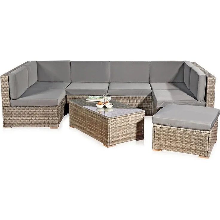 Feel2Home Garten-Essgruppe Gartensitzgruppe Terrassenmöbel Polyrattan Lounge versch. Farben, (Set, 1x Mehrteiliger Sofa 1x Ottomane 1x Tisch), Kissen inkl. Reißverschluss, daher abnehm- und waschbar