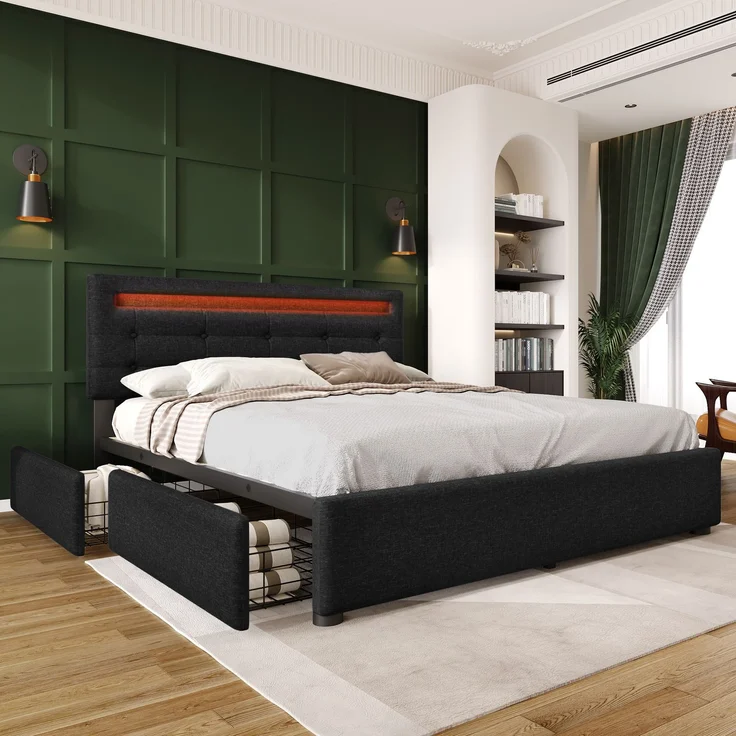 Einzelbett 140 × 200 cm mit LED-Beleuchtung, verstellbarem Kopfteil, 4 Schubladen, Leinenbezug in Schwarz, modernes Design,inklusive Matratze – Bild 4