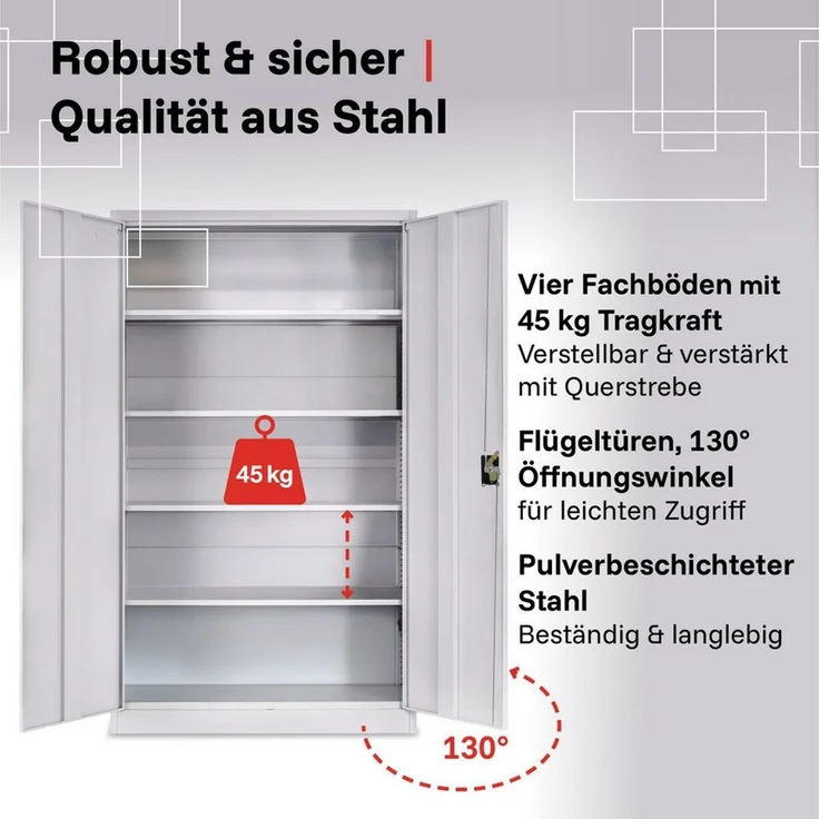 LagerZwei Aktenschrank Stahlschrank 195x100x50 cm (1-St) 3-fach verriegelt, 4 Böden, bis 60 Ordner, Flügeltüren 130° – Bild 2
