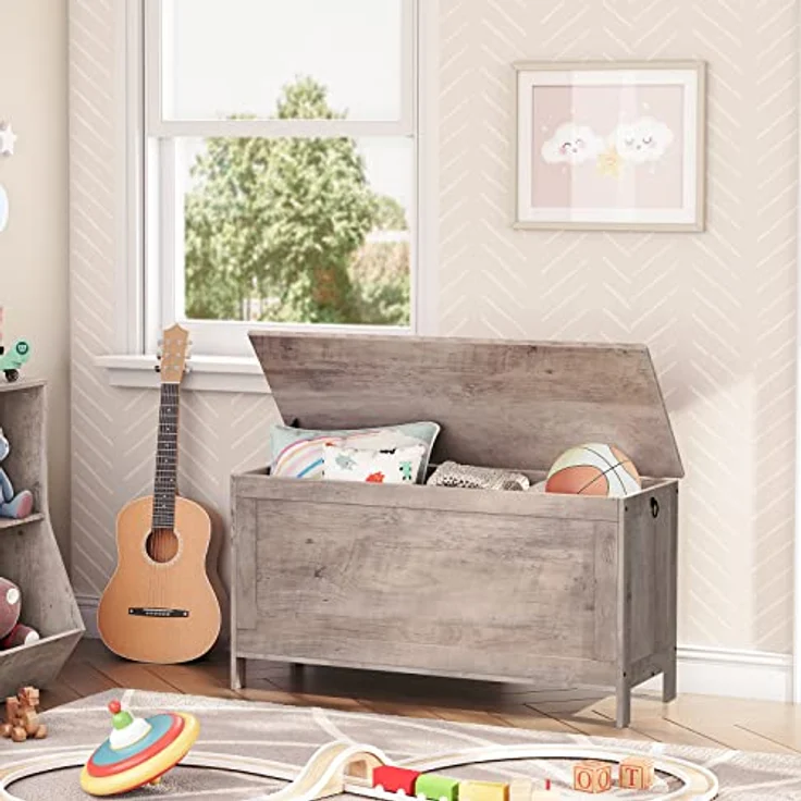 HOOBRO Truhen, Sitzbank mit Stauraum, Spielzeugtruhe mit Deckel, Schuhbank, Sitztruhe, Aufbewahrungstruhe, Robust, Sicherheitsscharniere, Schlafzimmer, Wohnzimmer, 100 cm, Greige EBG100CW01 – Bild 3