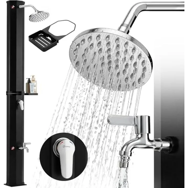 Sekey Solardusche 40L/ 60L Solar Gartendusche Pooldusche Campingdusche bis 60°C Wasser, 40L stromfreie Wassererwärmung, mit Direktanschluss für Gartenschlauch