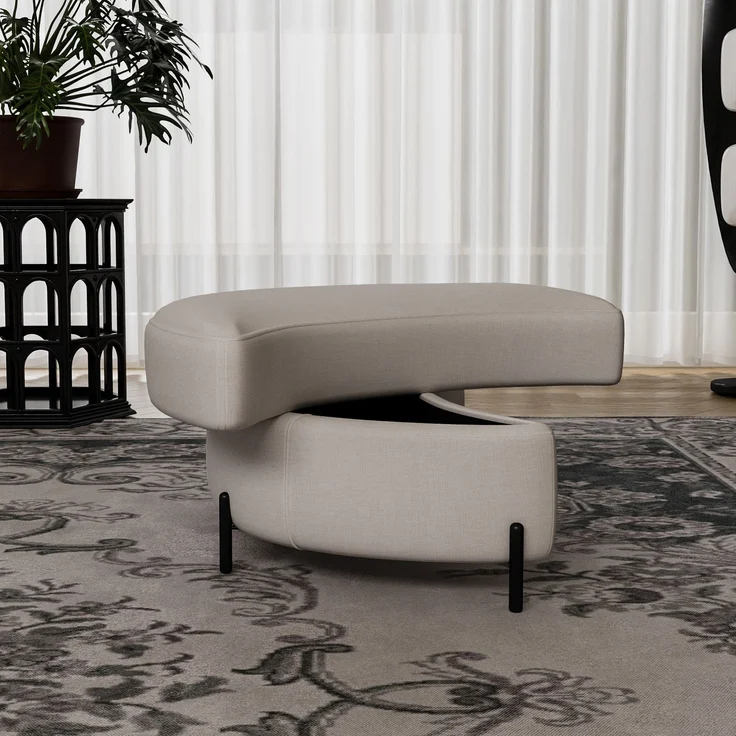 Chenille-bezogener Halbmond- Ablagehocker mit Tablett, dient als Beistelltisch, gepolsterter Sitz, Ankleide- & Schuhhocker sowie Fußstütze für Wohnzimmer, Eingang & Flur, Beige--Beige--86x47.5x43cm--YOUDENOVA – Bild 4