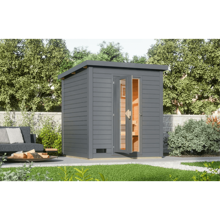 Karibu Sauna Hytti 2 terragrau mit 9 kW Bio-Ofen mit externer Steuerung – Bild 3