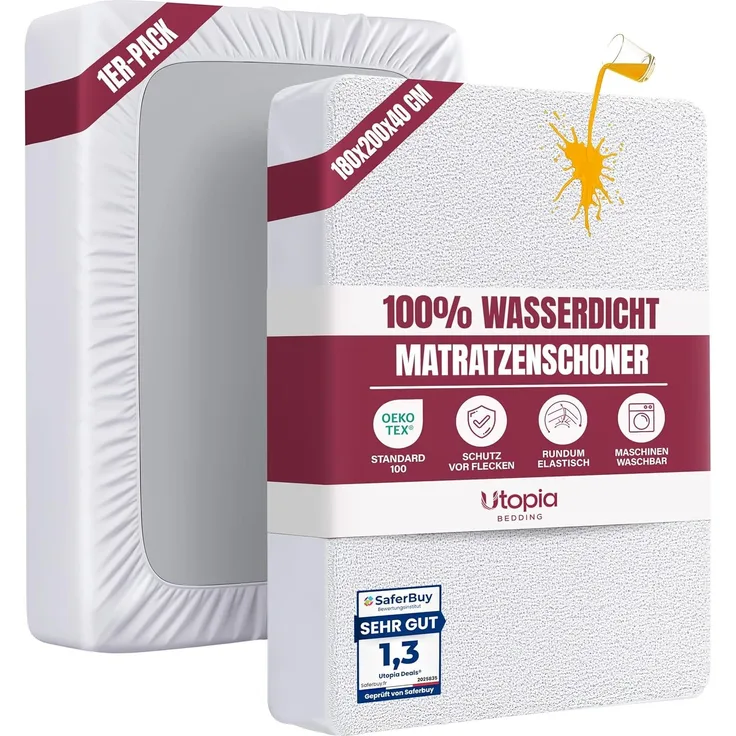 Utopia Bedding Wasserdichter Frottee-Matratzenschoner 180 x 200 x 40 cm, Premium Fottee Matratzenbezug 200 g/m², Atmungsaktiv, Rundum Elastisch