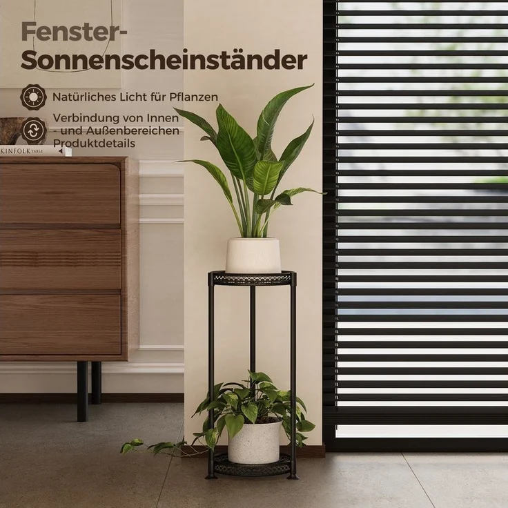 Bamworld Blumenständer Hoher Metallpflanzenständer 2-fach mit Blütenrand (1 St), Schwarz Ecke – Innen/Außen Balkon Wohnzimmer – Bild 3
