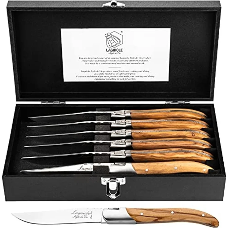 Laguiole Style de Vie Steakmesser LAGUIOLE STEAKMESSER SET "LUXIVIO", Edelstahl, Olivenholz, 6 Messer (6 Stück) – Bild 1