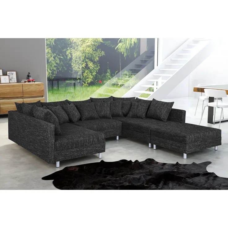 Wohnlandschaft Sofa Couch Ecksofa Eckcouch in Gewebestoff schwarz Minsk XXL