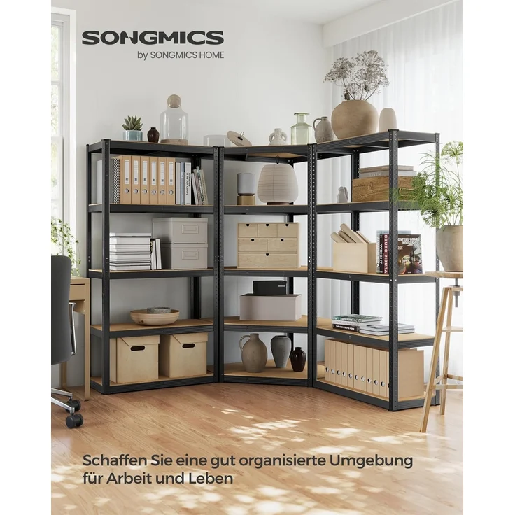 SONGMICS Eckregal-Set 5 Ebenen, Schwerlastregal, Metall, Lagerregal für Garage, Abstellraum, Kellerregal, bis 2625 kg belastbar, tintenschwarz-naturbeige GLR070B03 – Bild 4