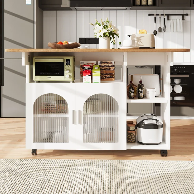 Kücheninsel, modernes Küchensiland, Küchenschrank, abnehmbare Servierwagen-Buffetschrank, Speisewagen mit Holzmaserung, multifunktionaler Esstisch mit Stauraum, Holzoptik, Weiß – Bild 3