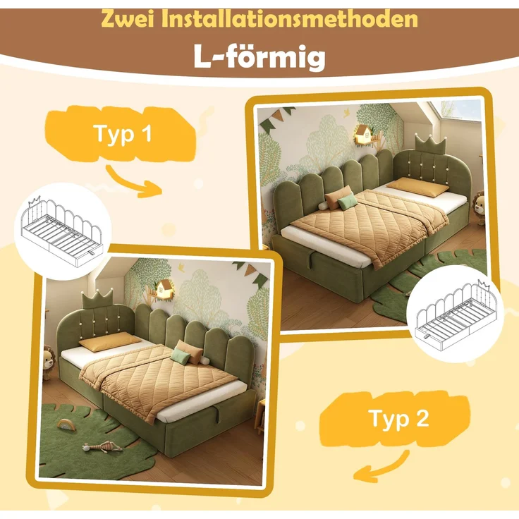 Merax Einzelbett, 90x200 cm Polsterbett, Daybett, Tagesbett-Schlafsofa mit Stauraum (hydraulisch), Gästebett L-Form Samt, Grün – Bild 5