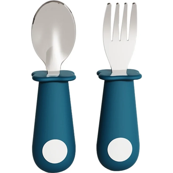 ABC 4-teiliges Set aus pfauenblauen Baby-Silikonlöffeln, Kinder-Gabeln und -Löffeln aus Edelstahl 316 mit kurzem Griff, Babygeschirr – Bild 1