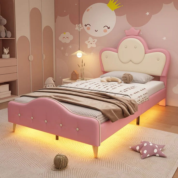 Merax 90x200CM Polsterbett, Kinderbett, mit weichen Schutzkanten, Monochromer LED-Streifen, Kopfteil mit Krone, Bettfüße aus Metall, Wellenform mit Zugpunkt am Kopfende des Bettes, Einzelbett, PU, Rosa+Weiß – Bild 1
