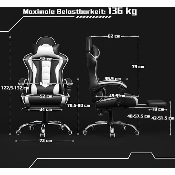 Yaheetech Gaming Stuhl Ergonomischer Gamer Stuhl mit Massagefunktion Computerstuhl mit Fußstütze Bürostuhl 90-135° Rückenlehne verstellbar Gaming Sessel PC Stuhl Weiß – Bild 4