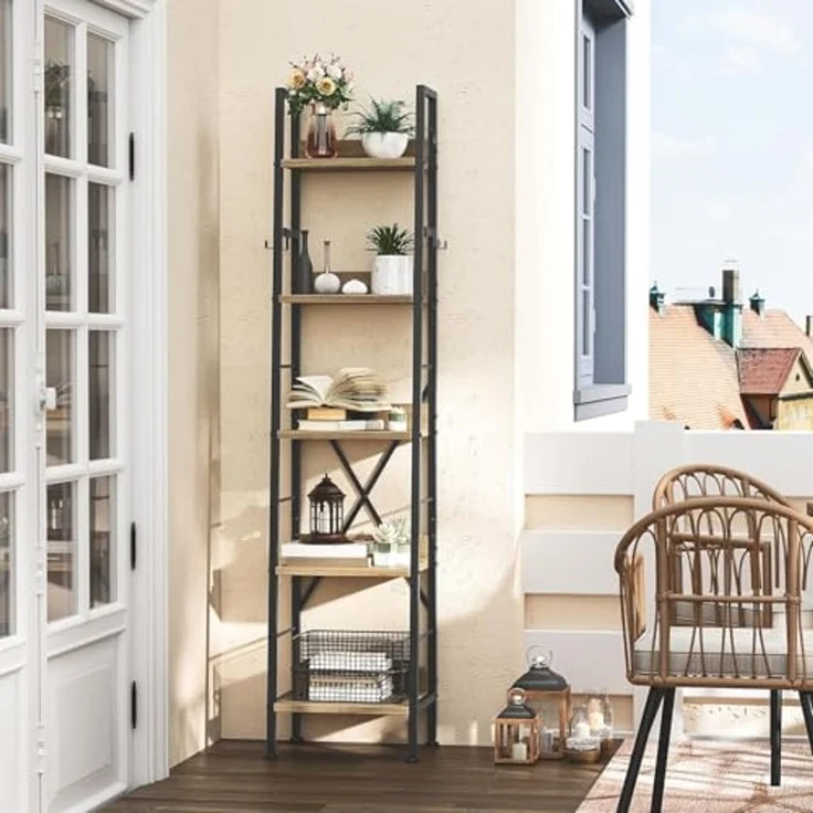 YITAHOME Schmal Bücherregal mit 5 Ebenen 35 cm Breit, Industrielles Leiterregal Standregal Holzregale und Metallrahmen, Modernes Regal für Wohnzimmer, Eichenfarbe – Bild 6