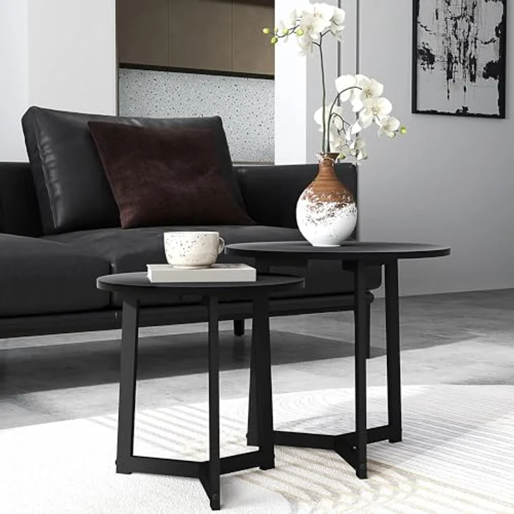 HOMCOM Couchtisch-Set, Schwarz, runde Form aus lackiertem Stahl und MDF, ø48x45 cm und ø40x40 cm, platzsparend und modern – Bild 2