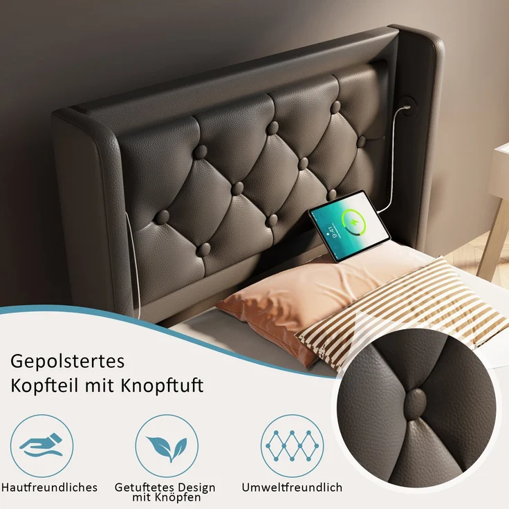 Polsterbett 90x200 cm Schwarz mit 3-seitiger LED-Beleuchtung, Wingback Kopfteil & USB Typ-C Ladefunktion,hydraulischer Stauraum – Bild 9
