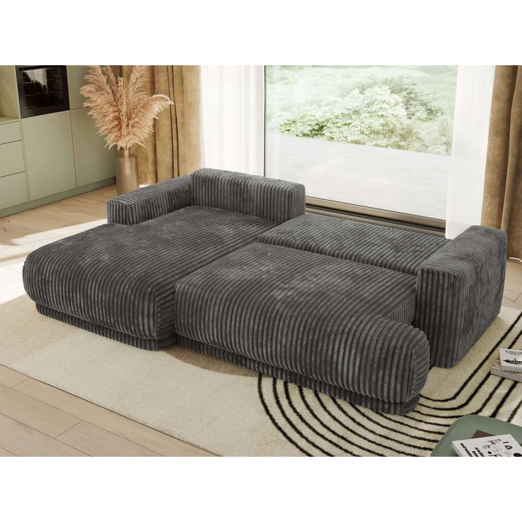 RINA L Design Ecksofa, Schlaffunktion & Stauraum, DL-System, Wellenfedern, Liegefläche 220x155 cm, freistehendes Polstersofa, Schlafcouch - Grau Cord - Links Seite – Bild 4