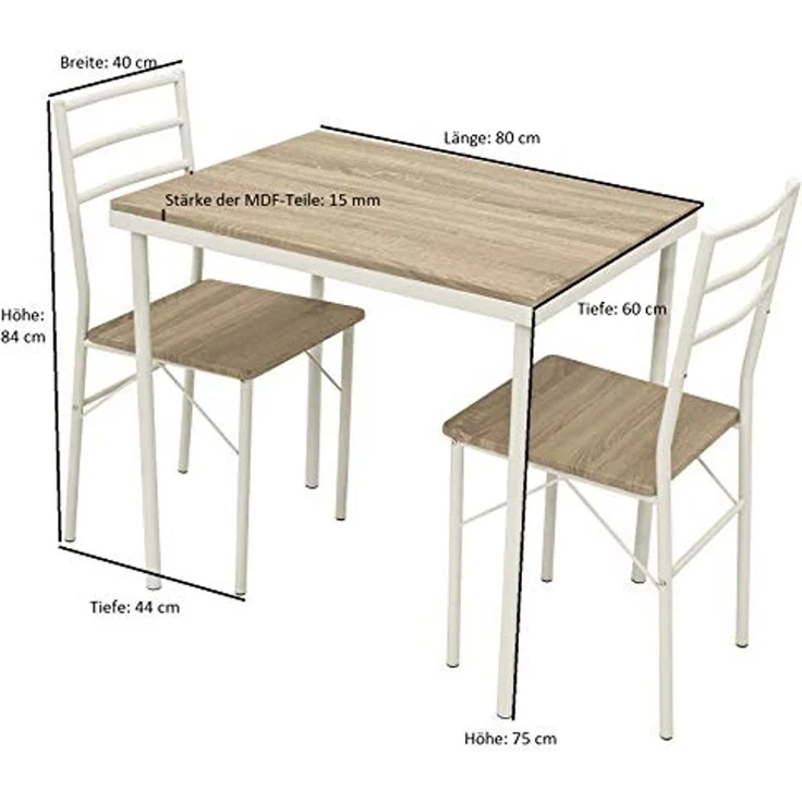 DEGAMO KÖLN Essgruppe 3-teilig, Metall + MDF, weiss/eichefarben, Tisch 80x60cm – Bild 3