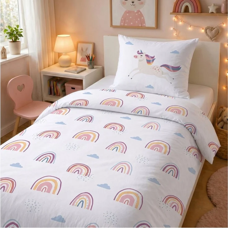 LINKHOFF Kinderbettwäsche Einhorn Bettwäsche 135x200 – 100% Baumwolle Mädchenbettwäsche, Unicorn Kinderbettwäsche 135x200 Regenbogen – Reißverschluss – Bild 1