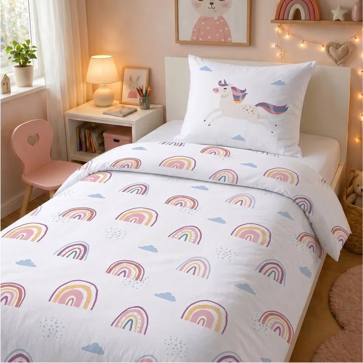 LINKHOFF Kinderbettwäsche Einhorn Bettwäsche 135x200 – 100% Baumwolle Mädchenbettwäsche, Unicorn Kinderbettwäsche 135x200 Regenbogen – Reißverschluss