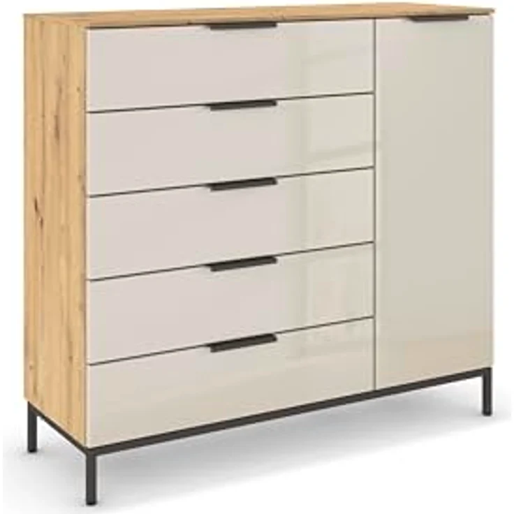 Rauch Möbel Flipp, Nachttisch für Schlafzimmer, Flur, Garderobe, 1-türig, 5 Schubladen, mit Softclose-Funktion, Griffe und Metallkufe Graphit, Farbe Eiche Artisan, Holz/Glas Beige, Breite 120 cm – Bild 2