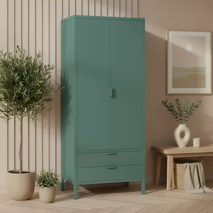 skølm 'Ituri' Kleiderschrank mit 2 Schubladen, Metall, 170x45x80 cm, dunkelgrün, Garderobe mit 4 Fächern und 2 Kleiderstangen – Bild 8
