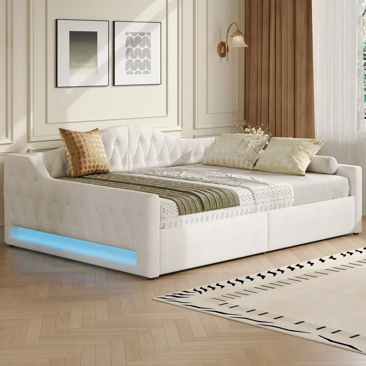 Tagesbett 140x200 cm mit LED-Beleuchtung & Stauraum, ohne Matratze, Leinen Beige