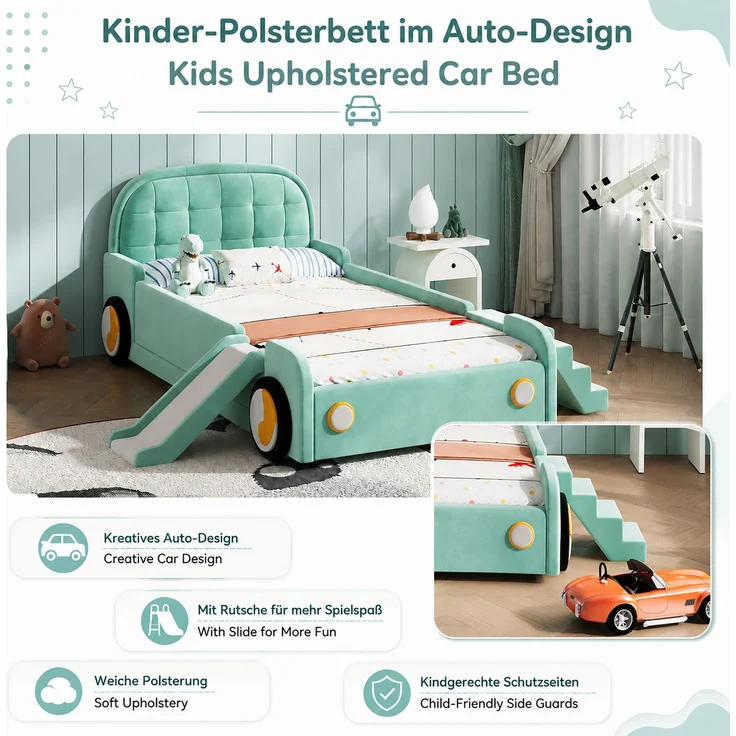 Kinderbett, Autobett mit Rutsche und Treppe, links/rechts montierbar, weiches Polsterbett in Blaugrün, Spielbett mit Fallschutz für Kinderzimmer, 90x200 cm – Bild 9