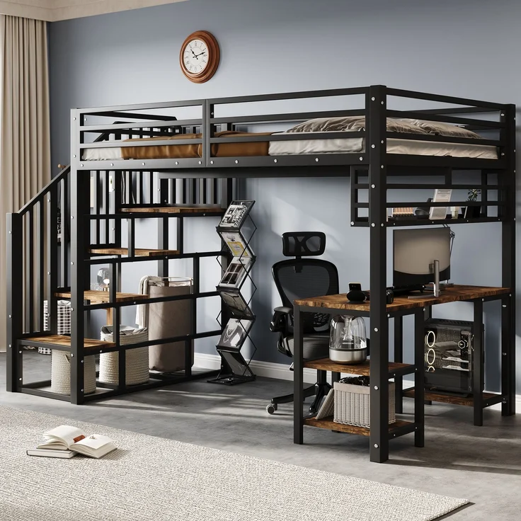 EINHOM Eisenbett, Hochbett, Treppen mit Handläufen, Mit Schreibtisch und Aufbewahrungsregal, Stabile Lattenroste, Eisen + Spanplatte, Schwarz+dunkl, 120 x 200 cm (Ohne Matratze) – Bild 1
