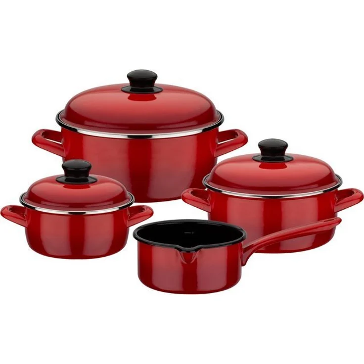 GSW Topf-Set Red Shadow, Emaille (Set, 7-tlg, je 1 Kochtopf 16/20/24 cm, 1x Stielkasserolle 16 cm), Induktion – Bild 3