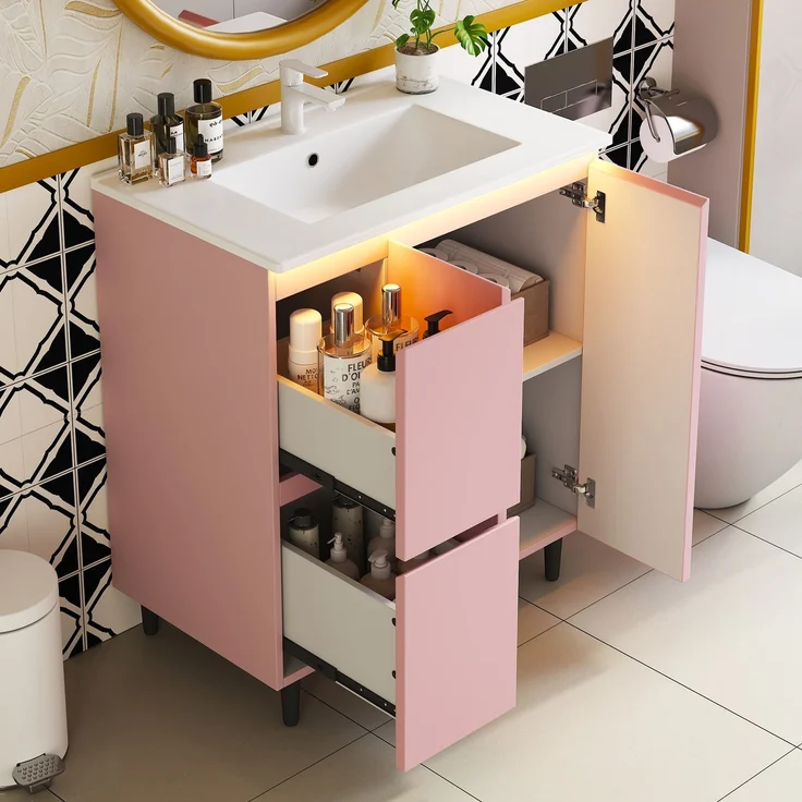 Waschtischunterschrank 76x47x89 cm in Rosa, mit Keramikbecken und LED-Sensorlicht – Bild 4