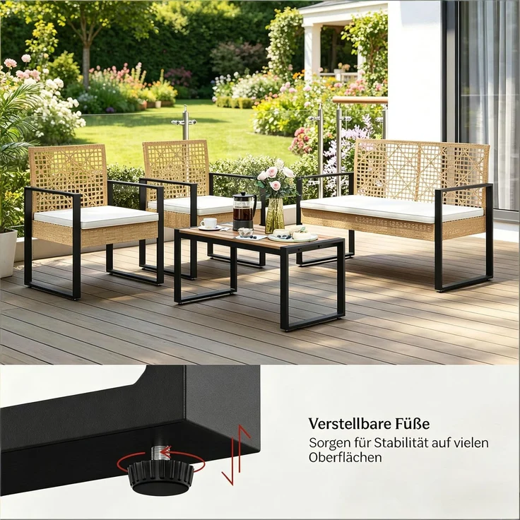 Gartentisch mit Zweisitzer-Sofa und 2 Sesseln, 83,5 x 39 x 41 cm, Naturholz, PE-Rattan und Metall – Bild 8