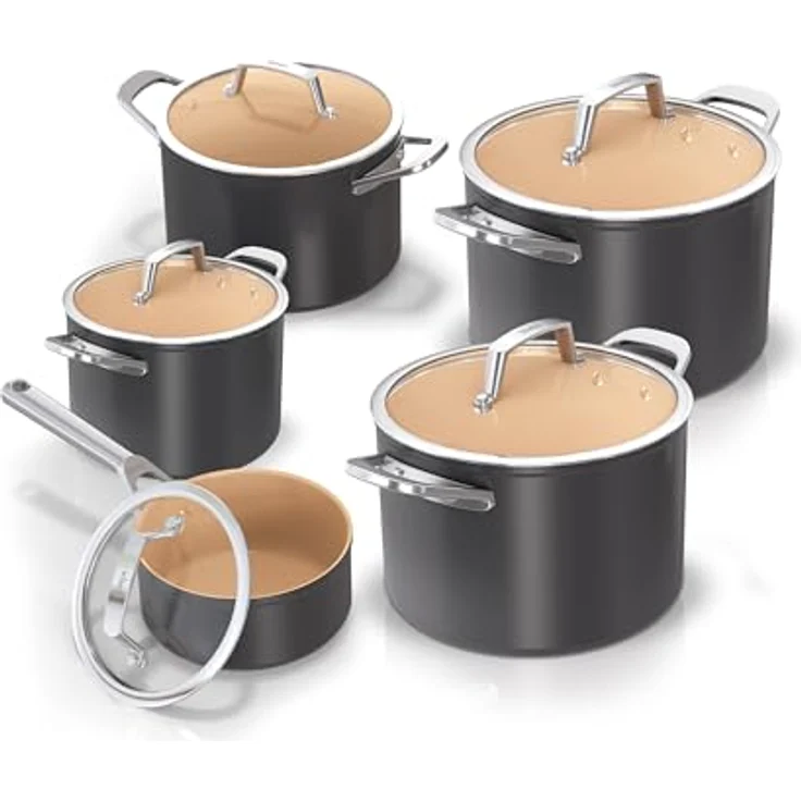 Ninja Extended Life 5-teiliges Keramik-Kochset (20 & 24cm Bratpfannen, 16, 18 & 20cm Kochtopf), antihaftbeschichtet (ohne PFAs, PFOAs, Blei, Cadmium), Ofenfest bis 285 °C, Terrakotta & Grau, CW95000DE – Bild 2