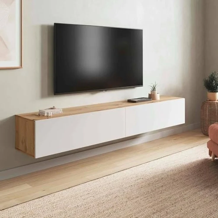 Dmora - TV-Ständer Vincennes, TV-Ständer mit 2 Türen, hängender Wohnzimmerschrank, 180x35h28 cm, Node-Eiche und glänzendes Weiß – Bild 1