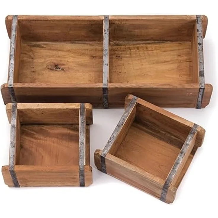 Kisten-Set Bricks III 3-teilig Mahagoni Massivholz, 2 verschiedene Größen, Ziegelform naturfarben