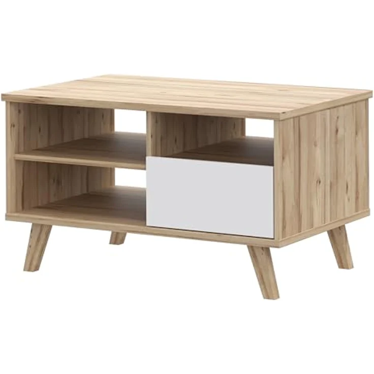 Forte VANNKA Couchtisch 90, Tisch mit offenen Fächern und Schublade, Holzwerkstoff, Planked Eiche Dekor/Weiß, 90 cm breit, 51,1 cm hoch, 60 cm tief – Bild 12