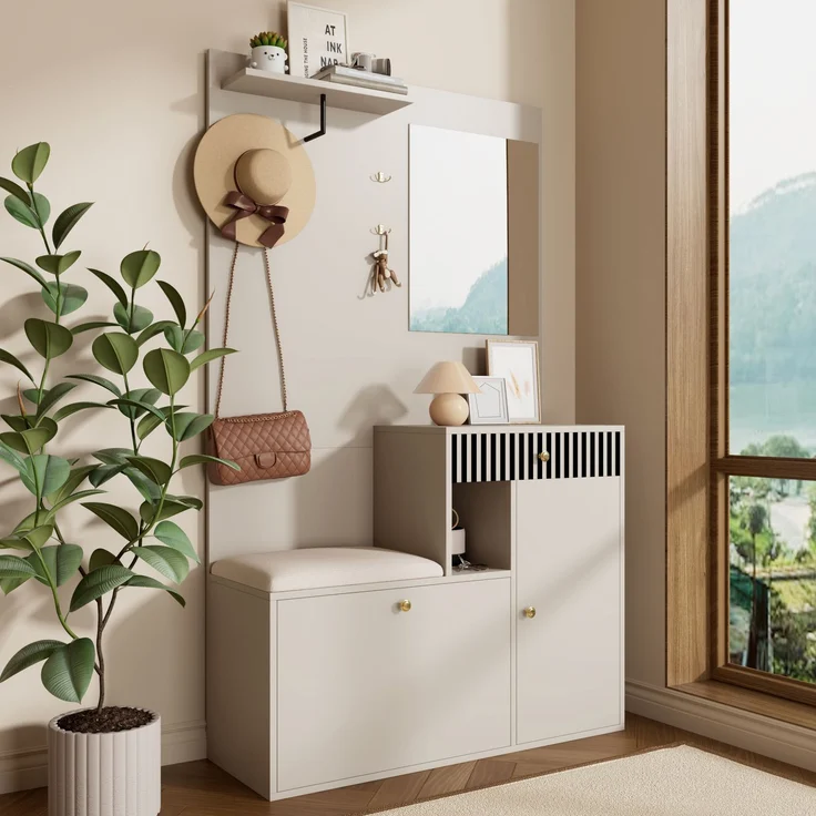 Flurschrank 110x37x185.5cm mit Sitzfläche,Soft-Close,verstellbaren Regalen,Spiegel,Haken,Schubladen,Stauraum,Beige & Creme – Bild 7
