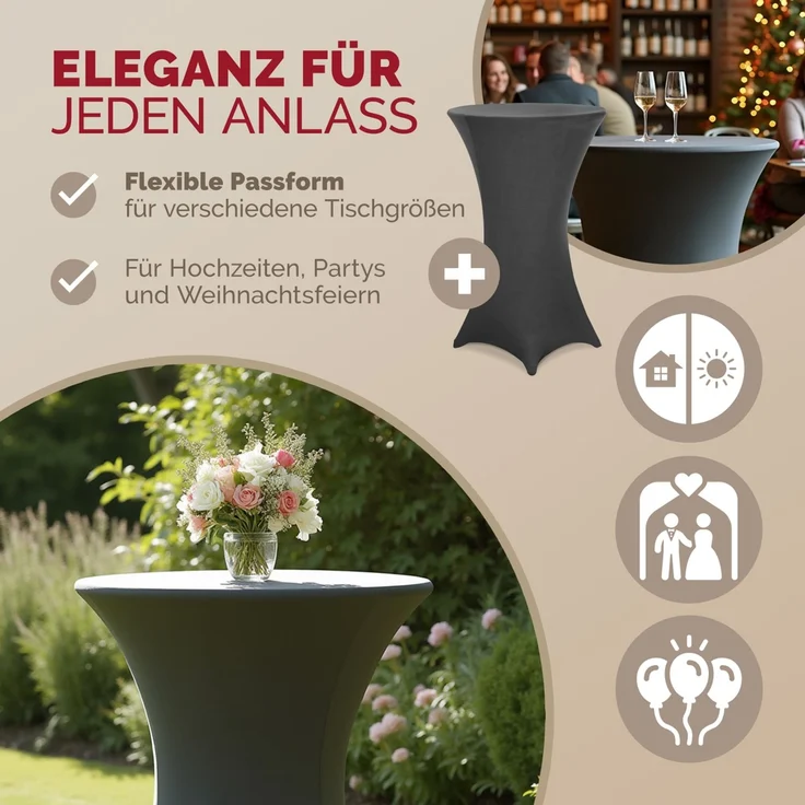 DETEX® Stehtischhusse Grau 80-85cm Verstärkter Fußbereich 30°C Waschbar Stehtisch Hussen Stretch Tisch Überzug Bezug – Bild 2