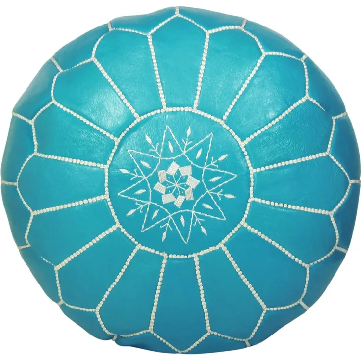 ALMADIH Leder Pouf Sitzkissen hell-blau mit weißer Ziernaht Ziegenleder formstabile Füllung traditionelle Handarbeit Sitzsack Ottoman marokkanische orientalische Lederkissen Bodenkissen (Pouf türkis)