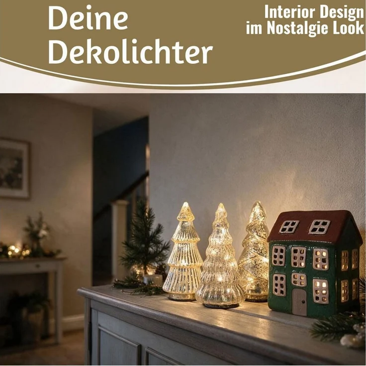 LS-LebenStil Lichterkette 3 Glas Tannenbaum 8 LED 15cm Silber Set Weihnachtsbaum Beleuchtet Time, 8-flammig, Xmas Dekolicht Fensterdekoration Weihnachtsbeleuchtung Weihnachtsdeko – Bild 4